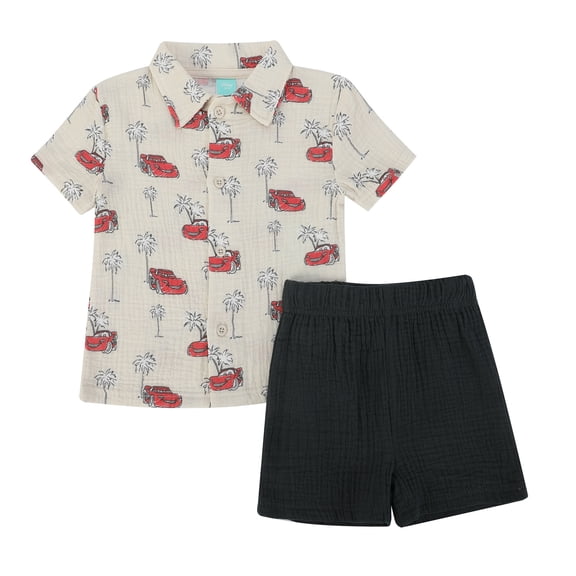 Disney Clothes Baby Boys Woven Gauze Short Set, Soft Cotton 2-Piece Summer Outfit Cars Brown/ Black 12M