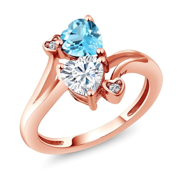 Gem Stone King 18K Rose Gold Plated Silver Swiss Blue Topaz White Moissanite and White Diamond Ring for Women (1.78 Cttw, Heart Shape 6MM, Gemstone November Birthstone, Size 6)