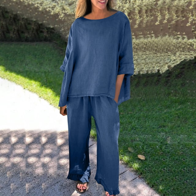 DecSea Two Piece Summer Sets Crewneck Shirt Pant Outfits Fashion Cotton Linen Workout Set Comfy Lightweight Solid Suits