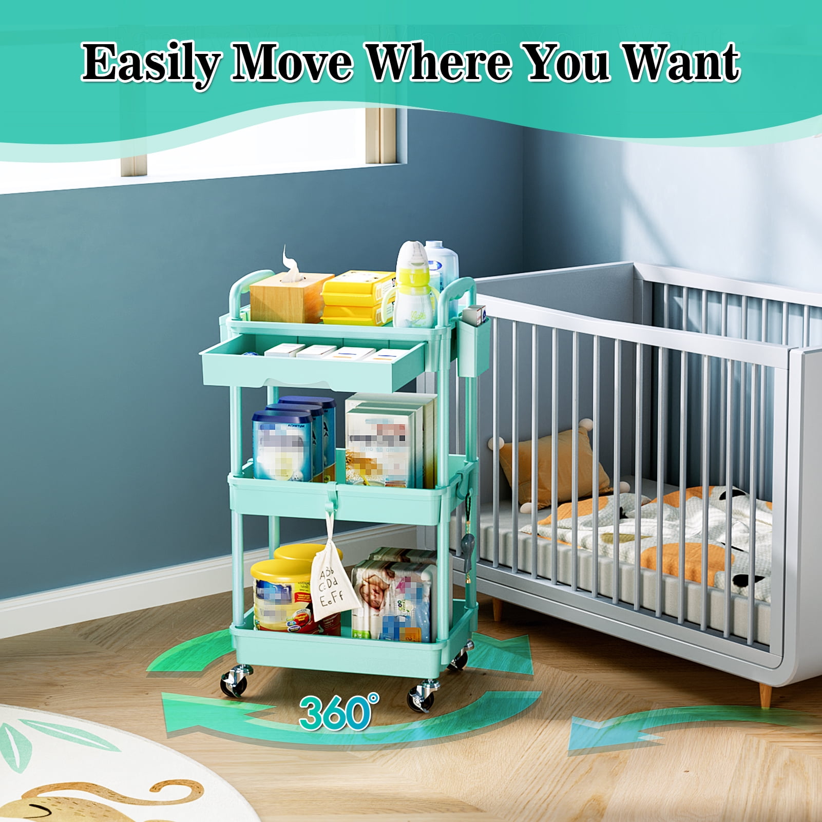 3 Tier Rolling Utility Cart with Removable Drawer, Bathroom Storage Organizer with 2 Lockable Wheels, Mobile Shelving Unit for Kitchen, Office, Snack, Craft, Makeup, Baby Essentials, Blue