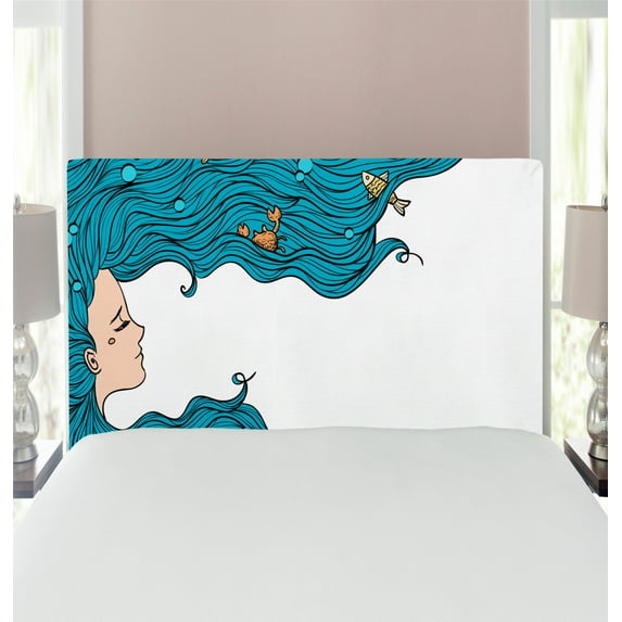 Underwater Headboard, Girl with Oceanic Hairstyle Fishes and Crab in Waves Imaginary Art, Upholstered Decorative Metal Bed Headboard with Memory Foam, Twin Size, Petrol Blue White, by Ambesonne