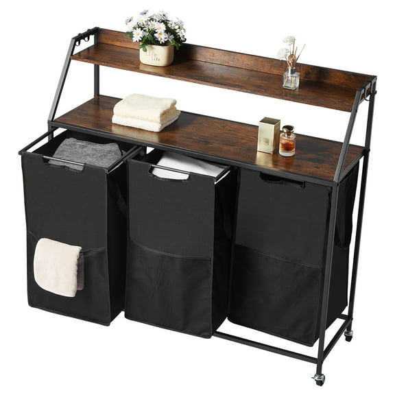 KFFKFF 2-Tier Laundry Sorter with Metal Frame and Wooden Top, Rolling Organizer with 3 Compartments, Ladder Shelves, and Durable 600D Oxford Fabric Bags for Dirty Clothes