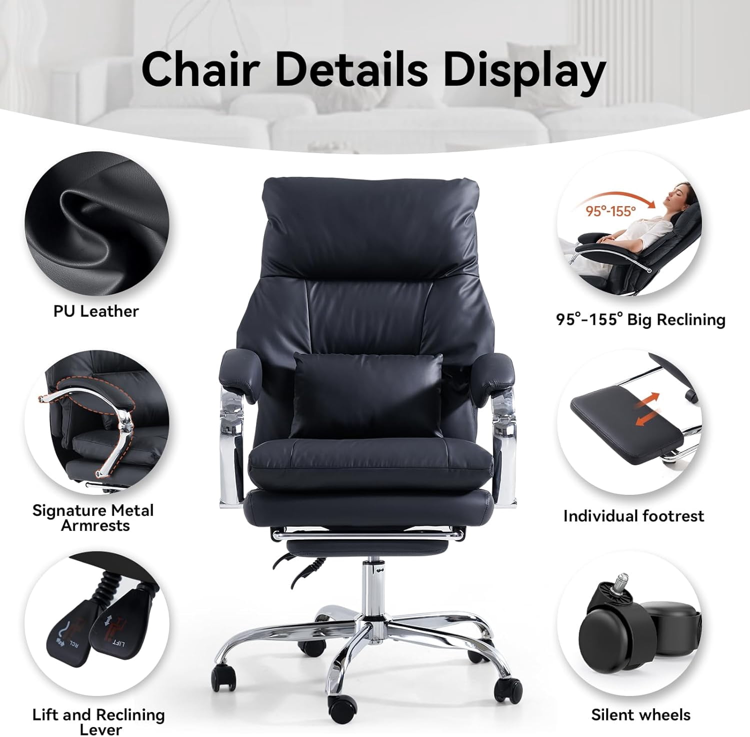 LEAGOO Reclining Office Chair with Foot Rest, Executive Office Chairs with Arms, Ergonomic High Back PU Leather Comfy Swivel Computer Desk Chairs with Wheels and Lumbar Support for Home Office, Black