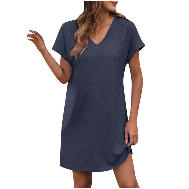 LOVZFMLL Robes d'Été pour Femmes Décontractées Amples T-Shirt Robe Droite Col en V Manches Courtes à Revers Uni Basique Tenues Quotidiennes Bleu Foncé TG