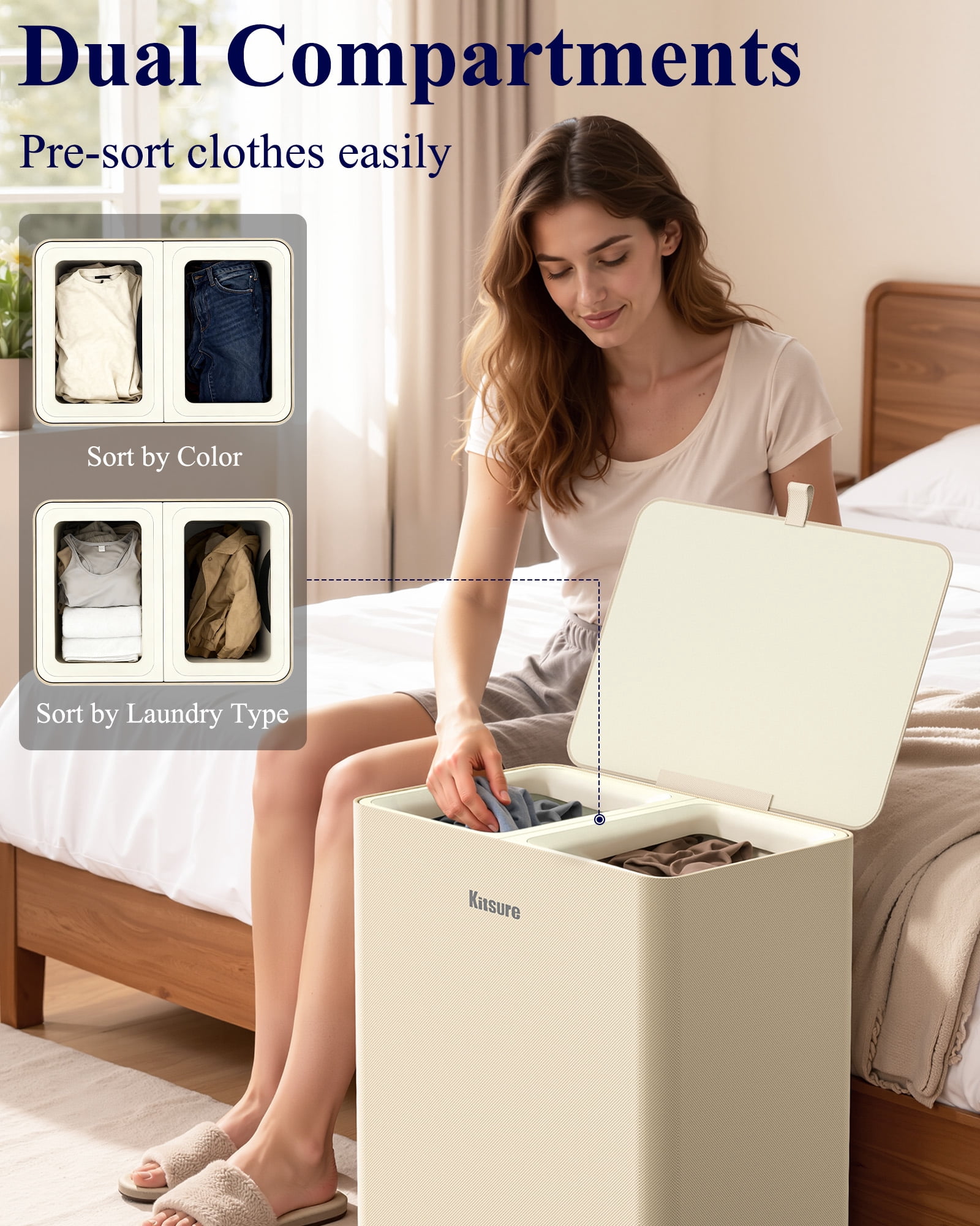 Kitsure 100L Laundry Basket with Lid, 2-Compartment Laundry Hamper with Removable Laundry Bags, White Clothes Hamper for Bathroom, Bedroom & Laundry Room