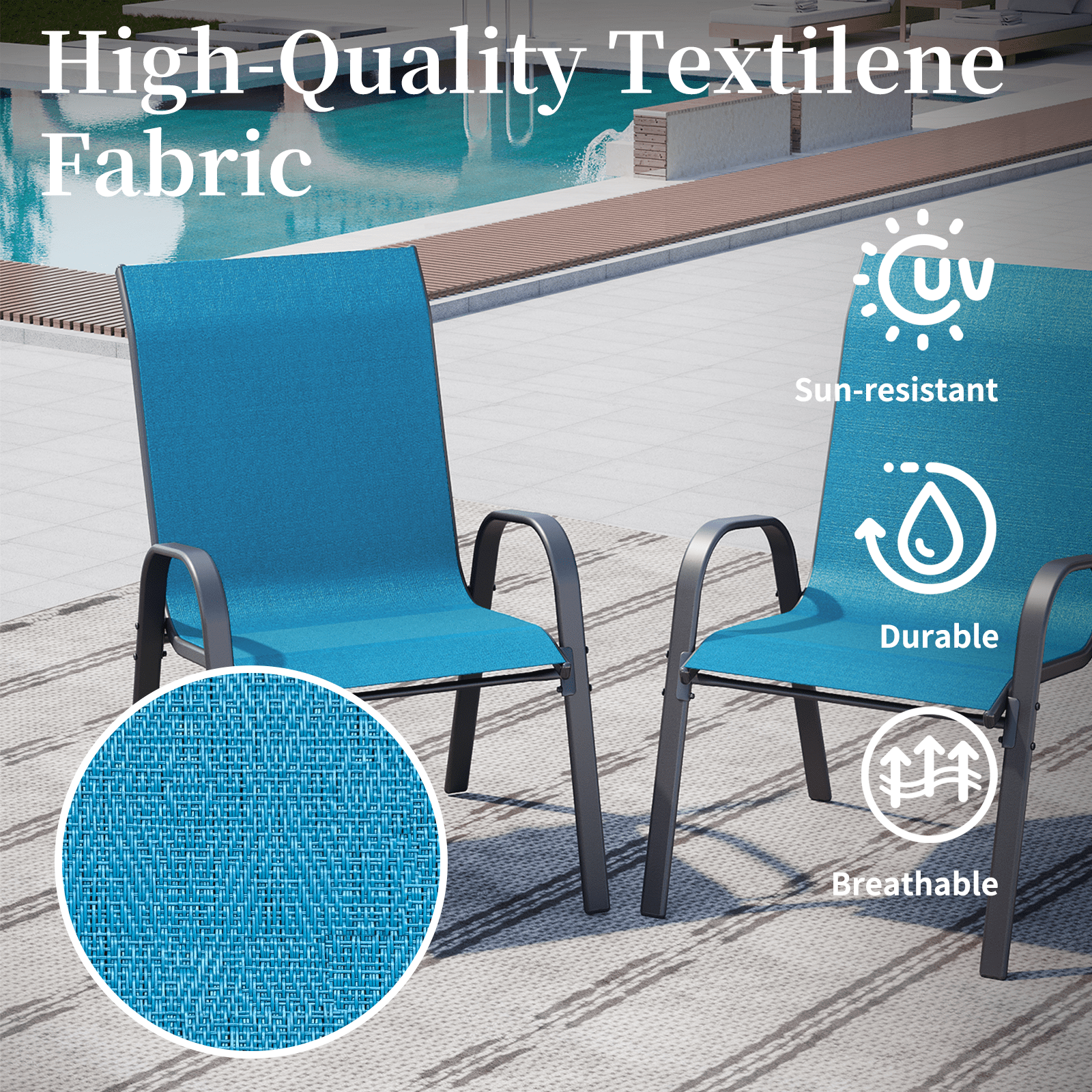 AMOPATIO Patio Chairs Set of 4, Outdoor Stackable Dining Chairs for All Weather, Breathable Garden Outdoor Furniture for Backyard Deck, Blue