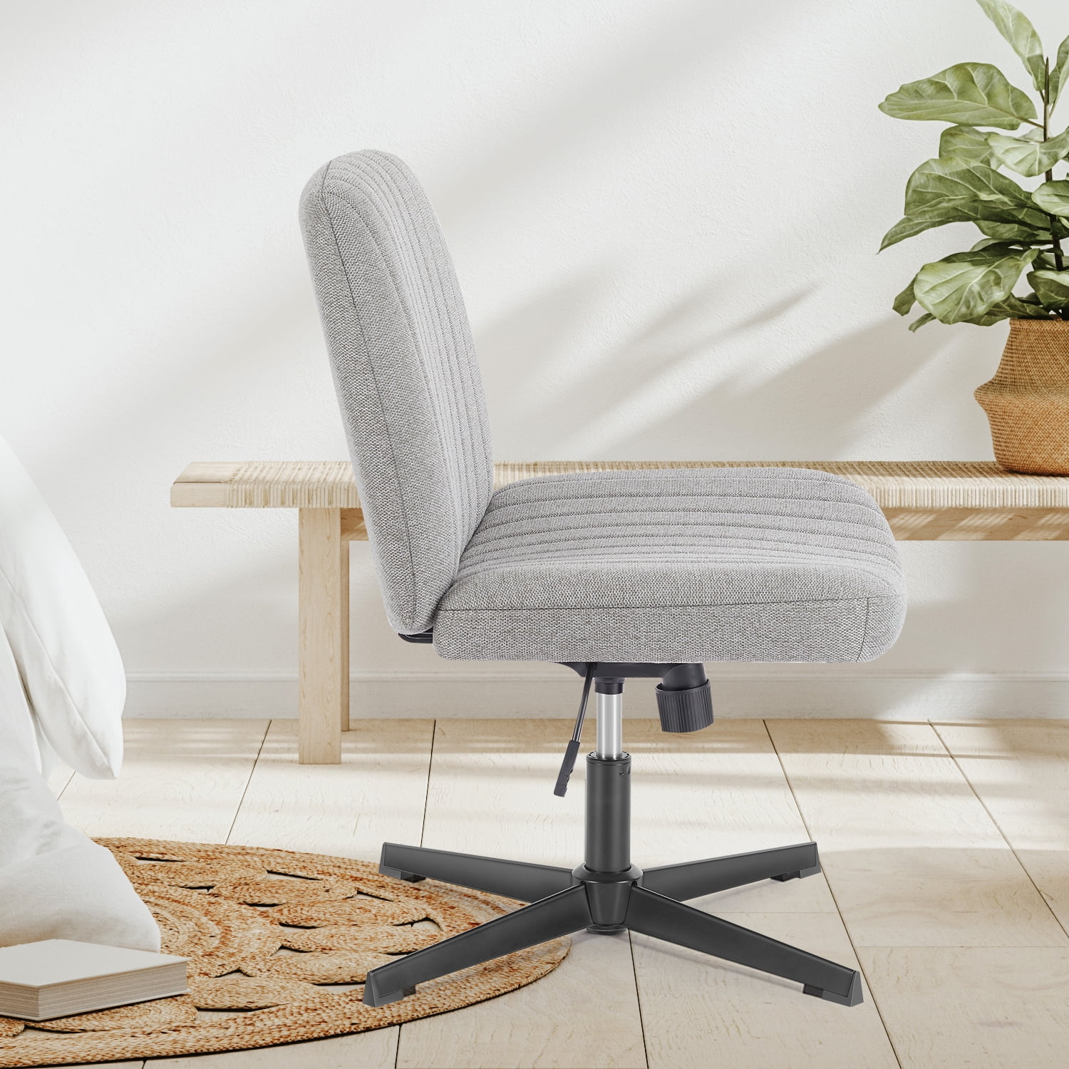 Office Chair Armless Criss Cross Legged Chair No Wheels, Comfy Home Office Desk Chairs, Adjustable Swivel Padded Fabric Vanity Task Computer Chair