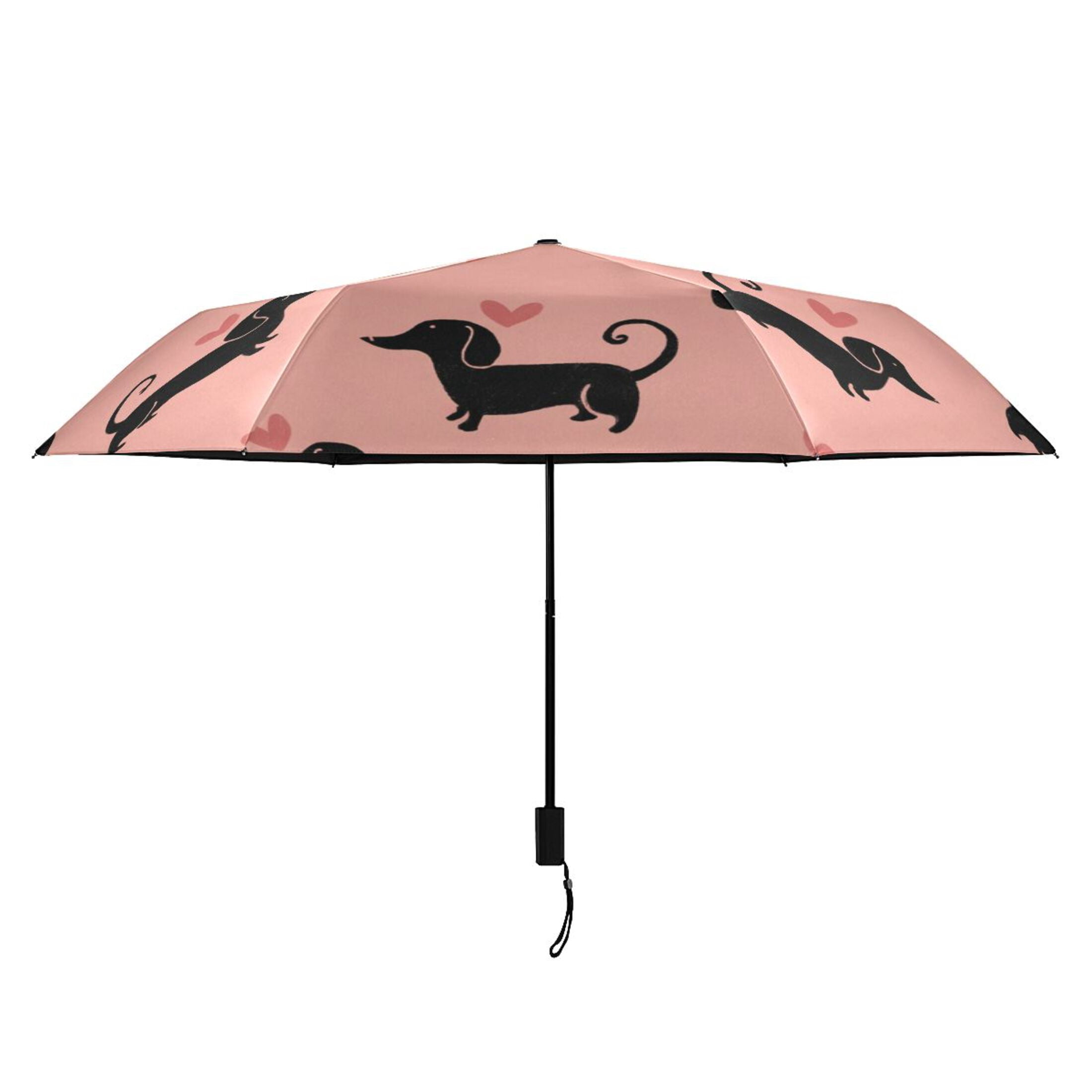 Dachshund Dog with Hearts Valentine All Weather Umbrella Triple Folding Parasol 6 Ribs UV Protection Portable