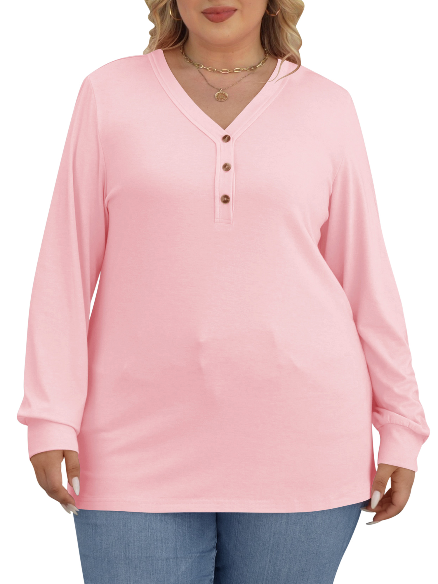 Women Plus Size Tops Long Sleeve Button V Neck Long Sleeve Casual T Shirts Oversized Basic Pink Blouses Clothes Size 4XL