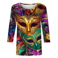 thumbnail image 4 of Riecok Mardi Gras Shirts for Women Mask Print Crewneck Pullover 3/4 Sleeve Tunic Tops Funny Holiday Blouses, 4 of 5