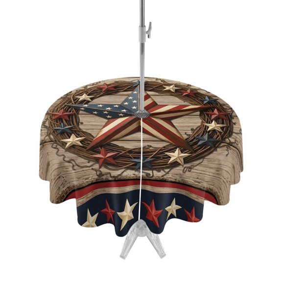 Outdoor Tablecloth with Umbrella Hole Zipper Independence Day Round Tablecloth 60" Waterproof Outside Table Cloth American Patriotic Stars Wreath Wood Brown Patio Table Cover Tablecloths for Picnic