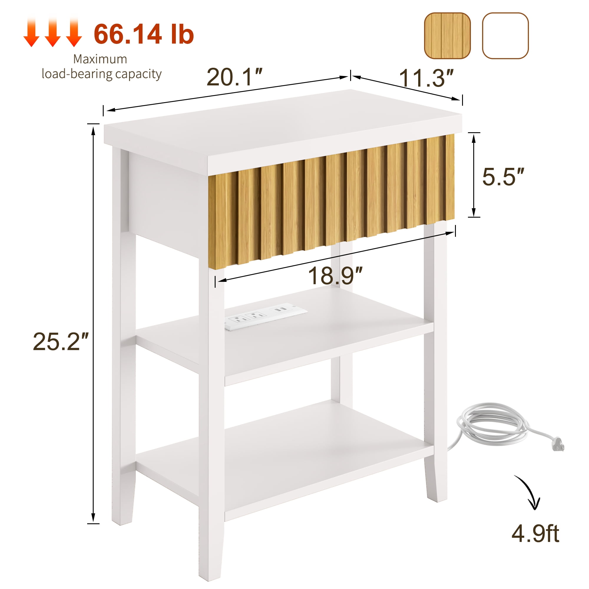 Fluted Nightstand with Charging Station,Farmhouse Night Stand with Drawer & 2 Open Storage Shelves,Modern Side Table for Bedroom Small Space Living Room Entryway,White