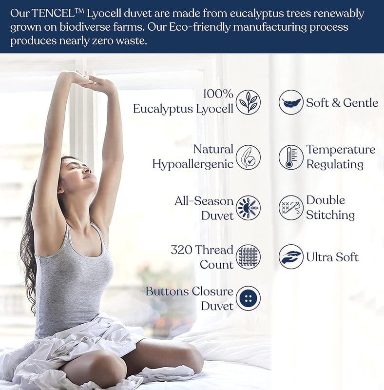 Delara 100% Eucalyptus Lyocell Tencel Queen Duvet Cover Set 3-Piece with 2 Sham – Cooling, Silky Soft, Breathable, Moisture-Wicking, Fog