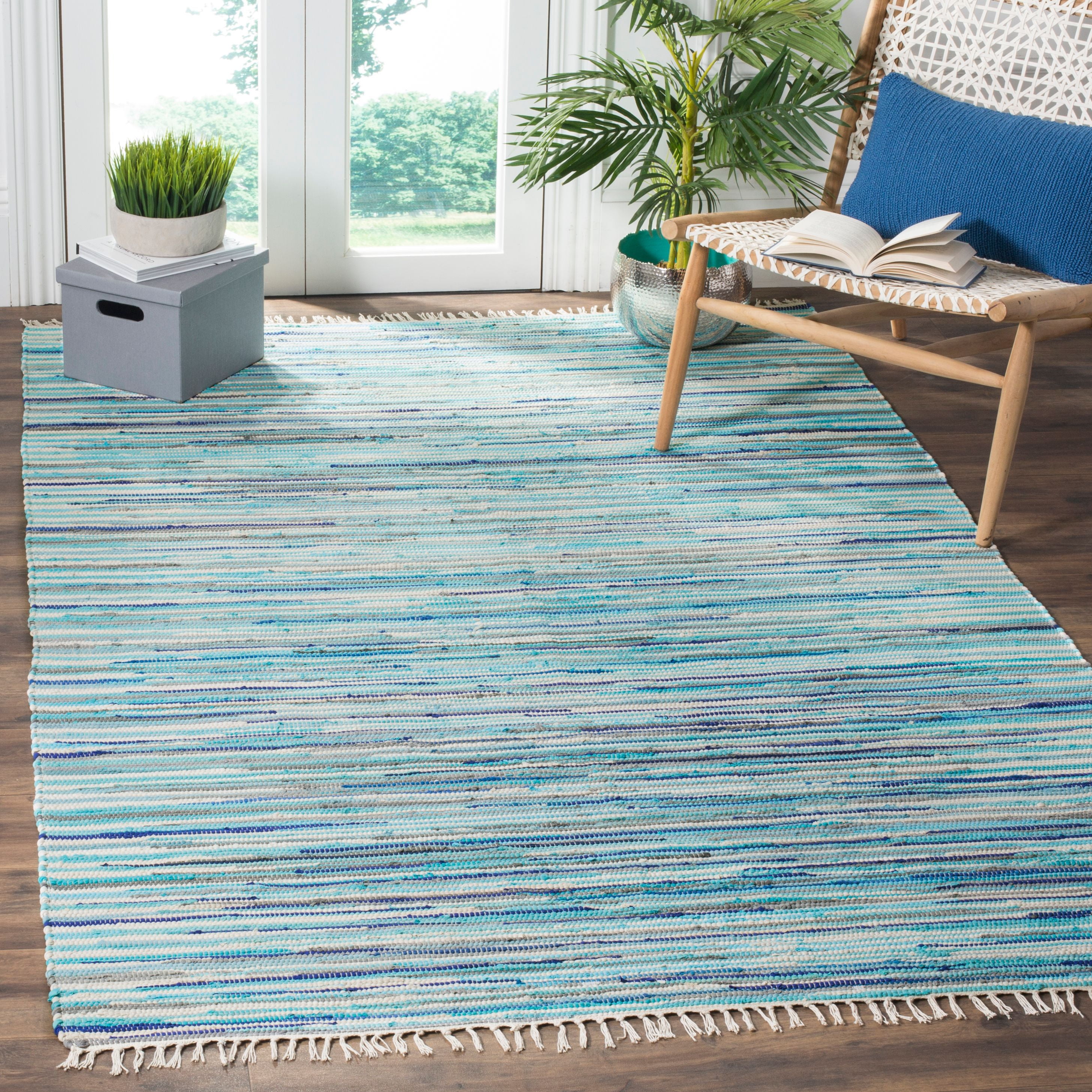 SAFAVIEH Rag Elena Striped Cotton Area Rug, Turquoise/Multi, 10' x 14