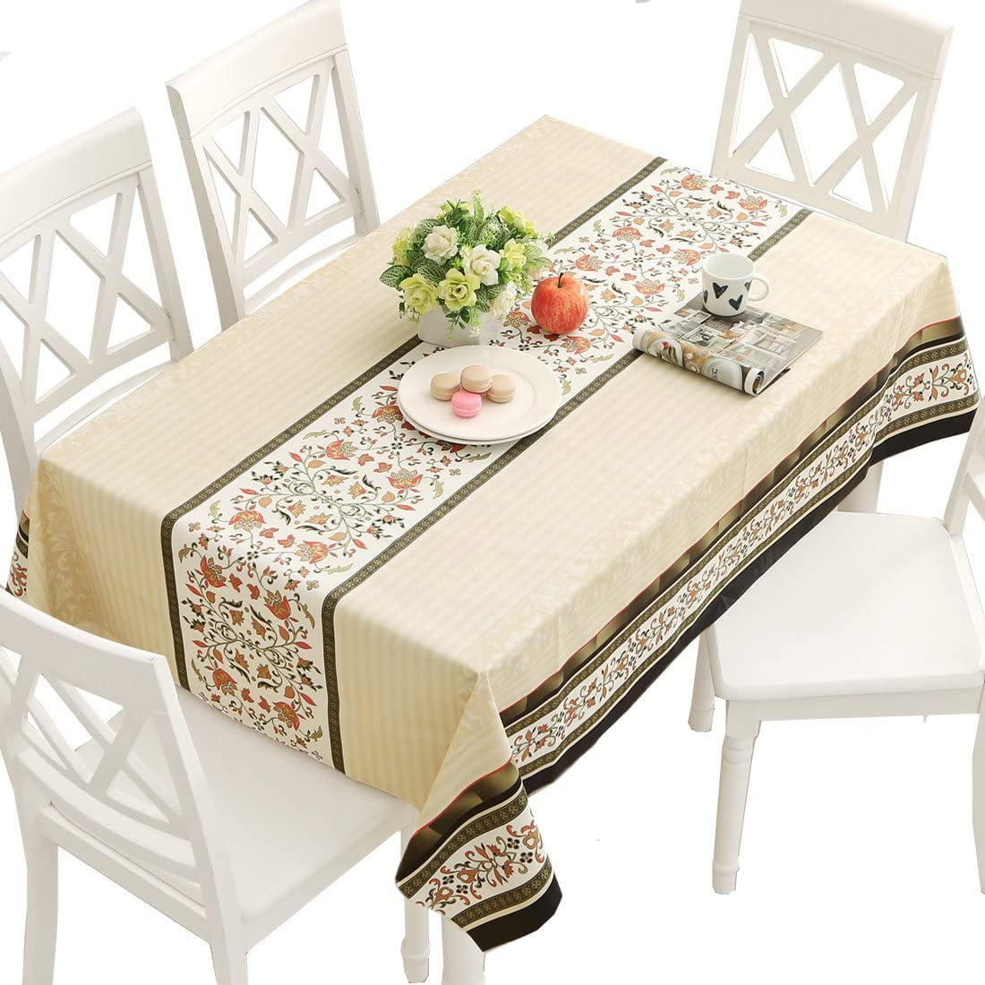 Round Beige & Brown Floral Swirl PVC Vinyl Wipe Clean Tablecloth; Rectangle 