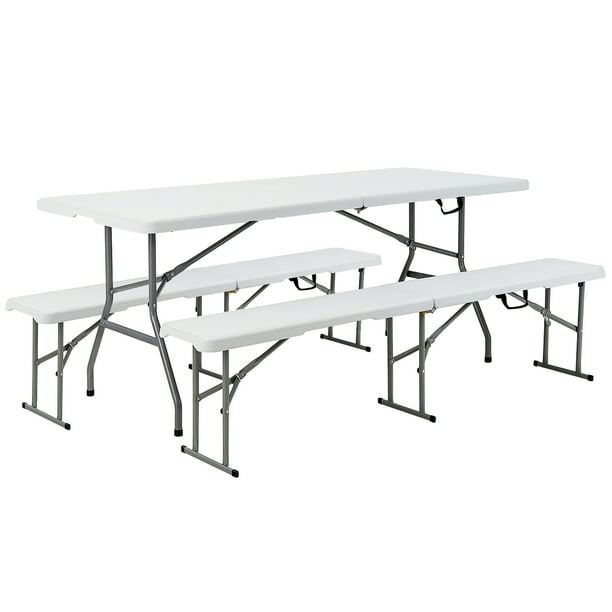 Costway Outdoor Camping Table Set Folding Picnic Long Table with 2