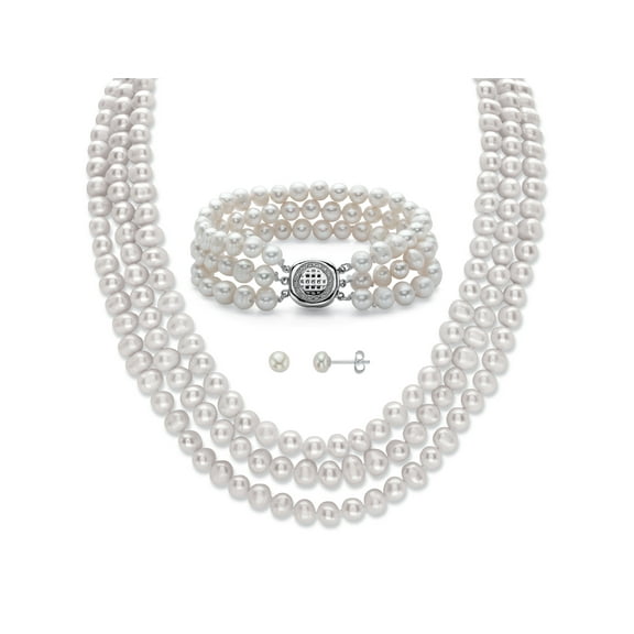 PalmBeach Jewelry Genuine Freshwater Cultured Pearl 3-Piece Triple-Strand Stud Earring, Necklace and Bracelet Set in Sterling Silver 18"