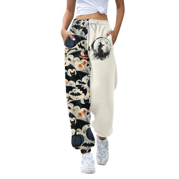 Pantalones deportivos con temática de Halloween para mujer, cómodos pantalones deportivos de dos tonos con diseño de estampado de calabaza y murciélago