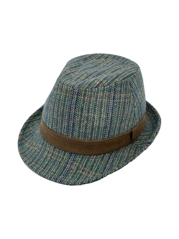 Herringbone Check Pattern Fedora Hat Wool Classic Trilby Short Brim LD61540 (Green)