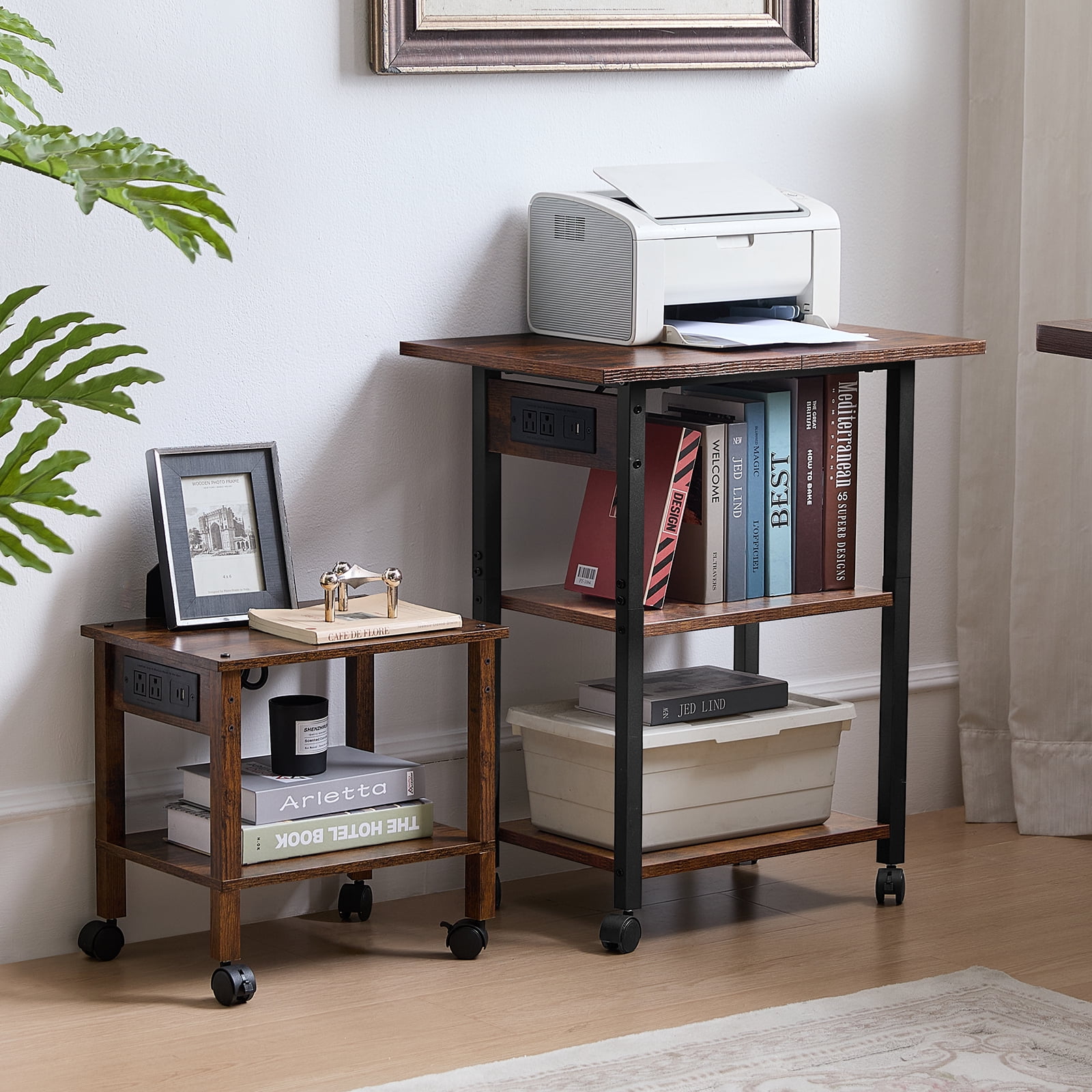 Leyaoyao 3-Tier Mobile Printer Stand, Rolling Cart with Power Outlets and USB Ports, Home Printer Stand with Wheels for Home, Office, Brown