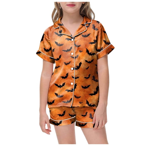 Kakishop Girls Silk Pajama Set Halloween Pumpkin Print Short Sleeve Sleepwear (Orange,6-7Years)