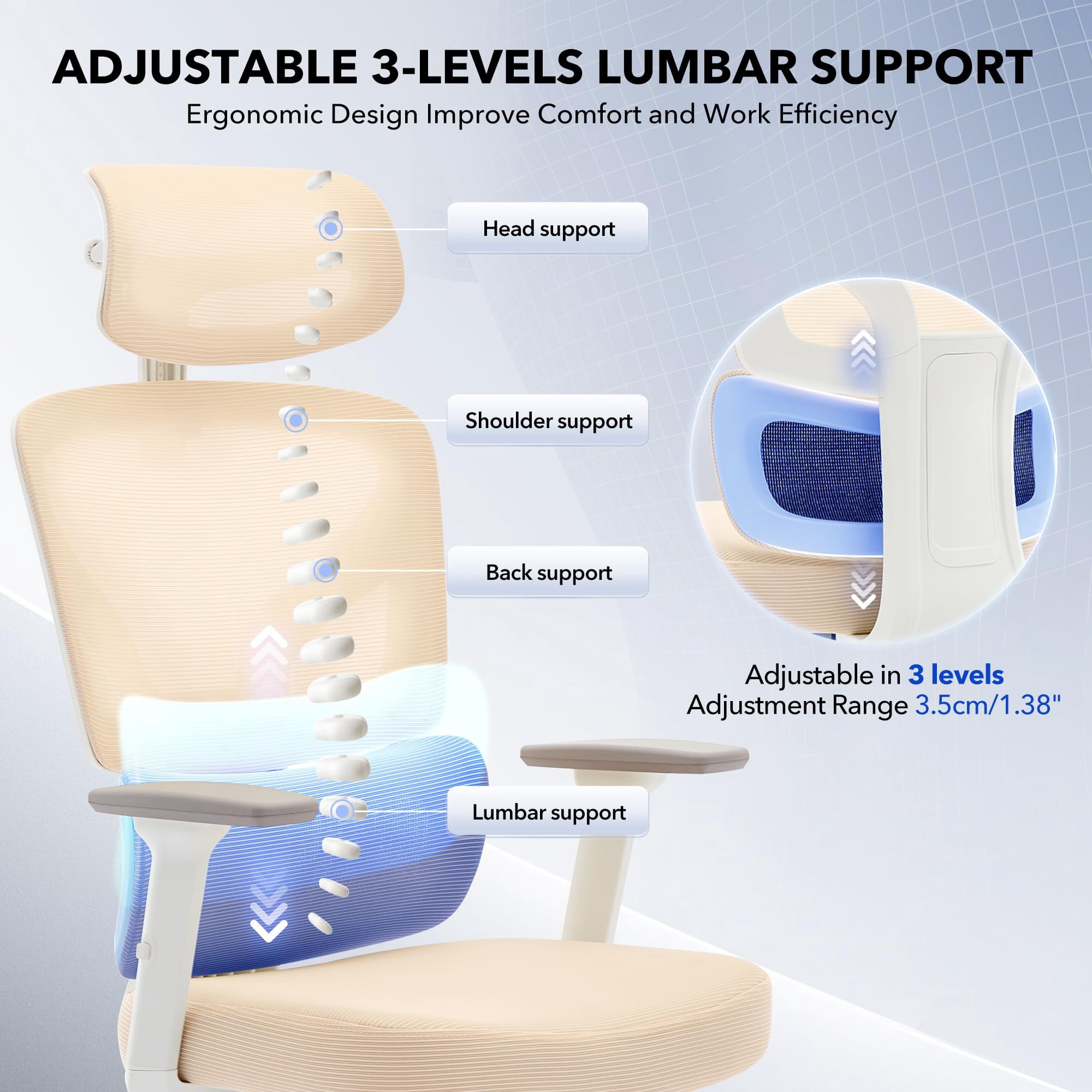 Ergonomic High-Back Mesh Office Chair – Adjustable Lumbar, 3D Armrests, Headrest & Recline – Breathable Swivel Desk Chair, Supports 300 lbs – White Frame & Beige, Electroplated Base