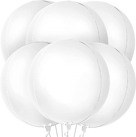 Big, 22 Inch White Foil Balloons Pack of 6 Large 360 Degree 4D