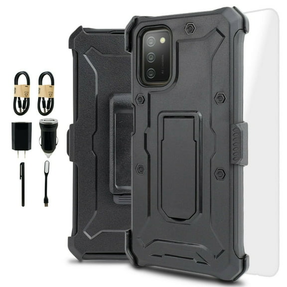 Value Pack ! for Samsung Galaxy A02S (NOT FIT SAMSUNG A02) Phone Case Cover Clip Kickstand Holster Hybrid Shock Bumper with Tempered Glass