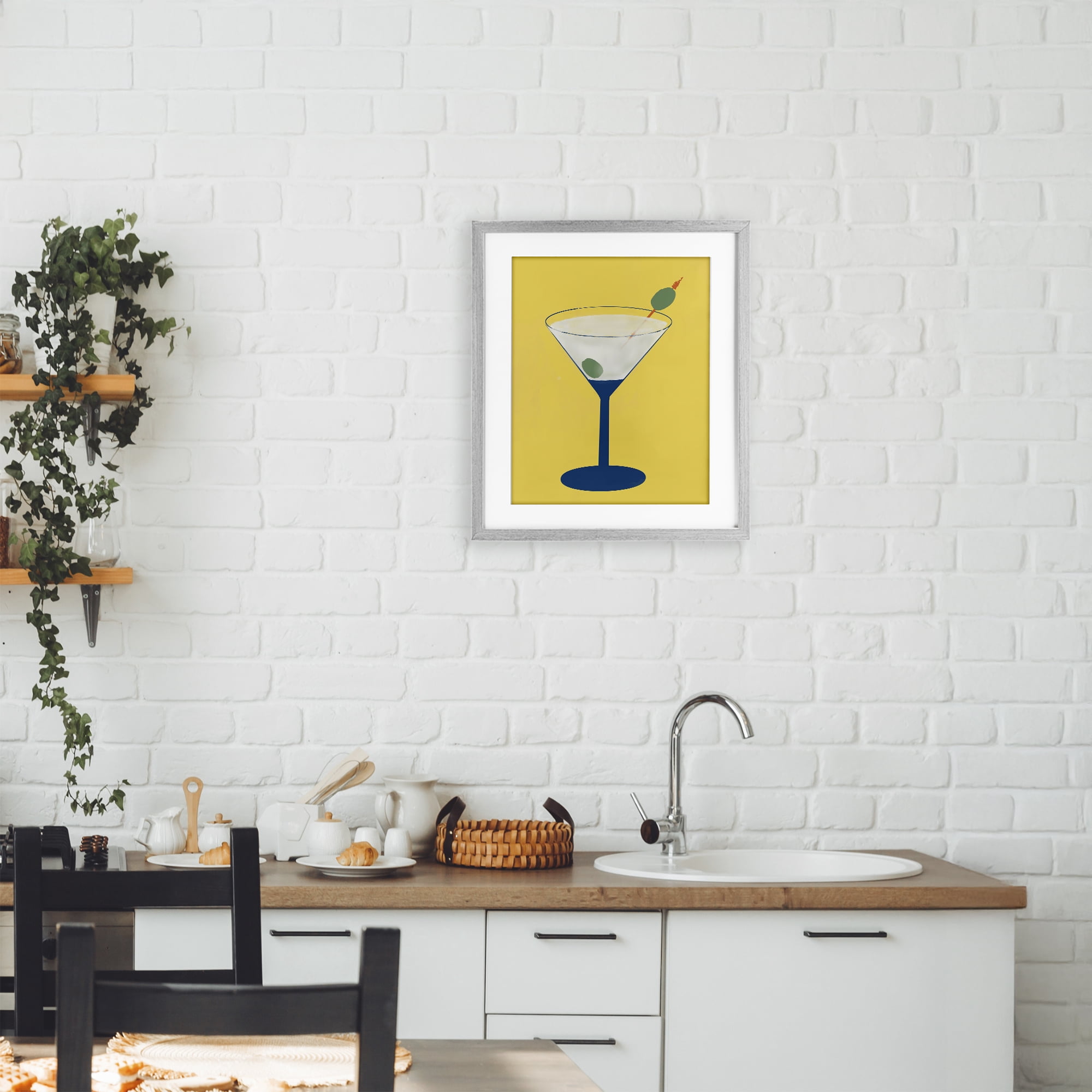 Stupell Industries Martini Glass over Yellow Gray Framed Print Under Glass, design by Robin Maria