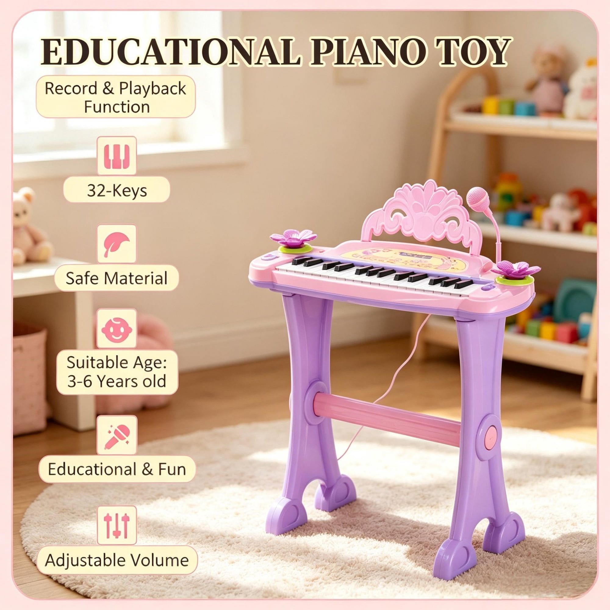 32-Key Kids Toy Piano, Princess Style with Stool, MP3, Record, Flashing Lights & Microphone, Pink