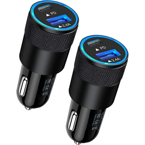 30W USB C Car Charger, [2Pack] PD 3.0 Fast Charge Dual Port USB Type C and 2.4a USB A Cargador Carro Lighter Adapter Base for iPhone, iPad, Samsung Galaxy, LG, Google Pixel GPS, Z Play Droid, Motorola