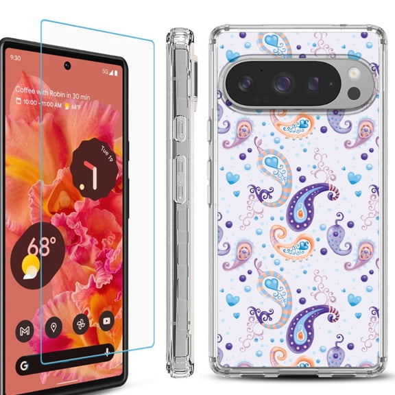 For Google Pixel 9 / 9 Pro Phone Case Cover, Shockproof Bumper Case with Tempered Glass Screen Protector, by OneToughShield - Paisley Purple