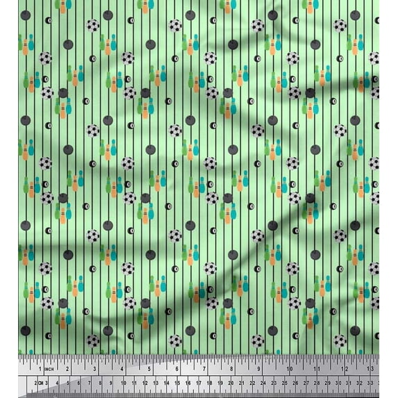 Soimoi Moss Georgette Fabric Stripe,Bowling Pins Ball & Football Sports Printed Craft Fabric by The Yard 42 Inch Wide