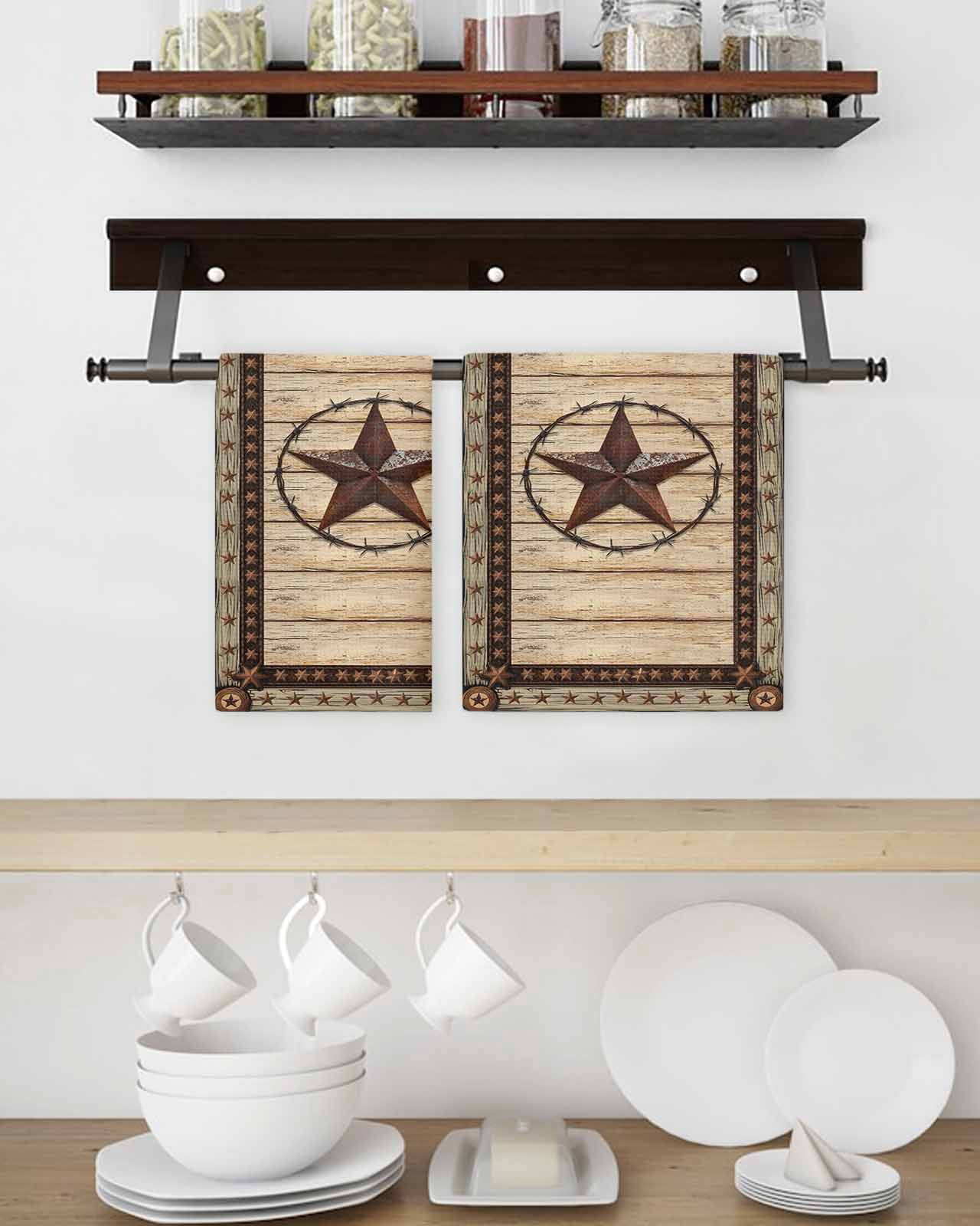 Texas Star Brown Kitchen Dish Towels for Drying Dishes Set of 4, Country Star Rustic Vintage Wooden Waffle Weave Microfiber Hand Tea Bathroom Towels Quick Dry & Absorbent Towel 15.7x23.6
