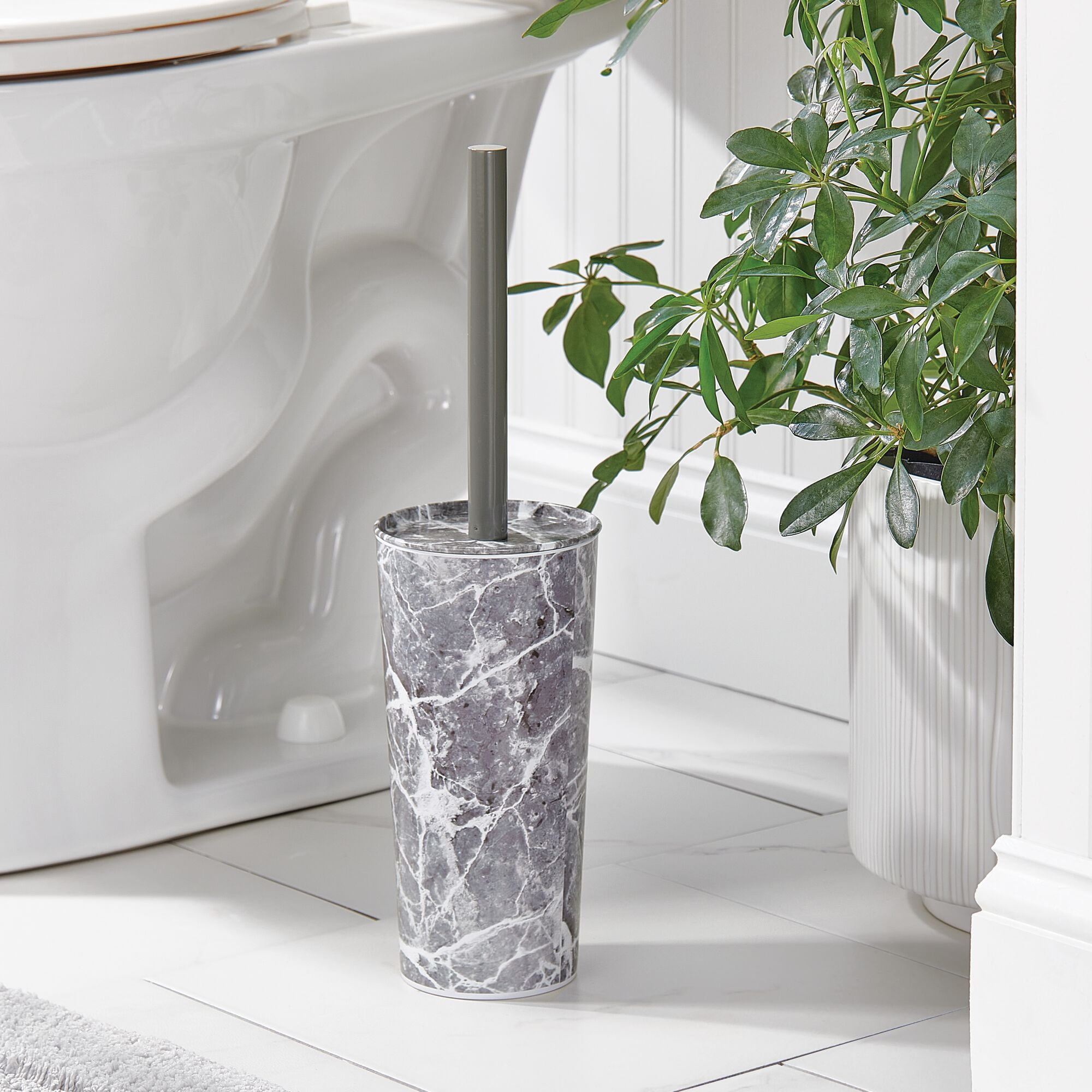 mDesign Stainless Steel Toilet Bowl Brush and Holder Set, Modern Metal Compact Storage Organizer Cleaner Scrubber for Toilet - Heavy Duty Cleaning Plunger for Bathroom, Mirri Collection, Gray Marble