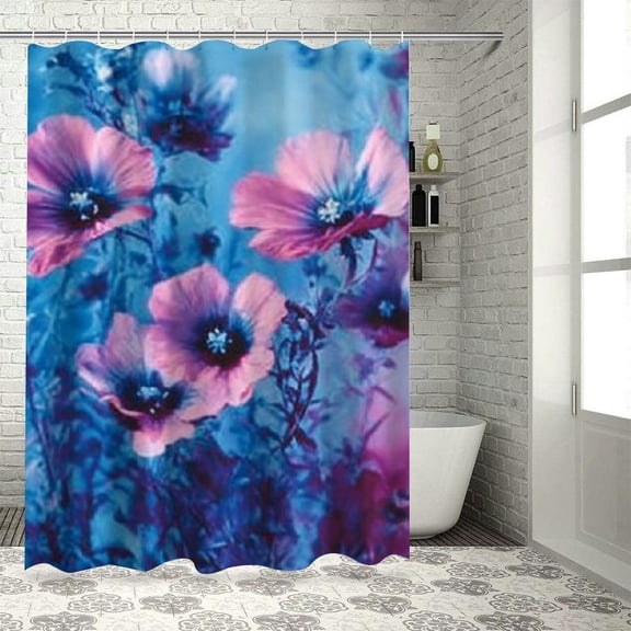 SHERONV Flowers Blue Pink Shower Curtain with Hooks for Bathroom 36"x72