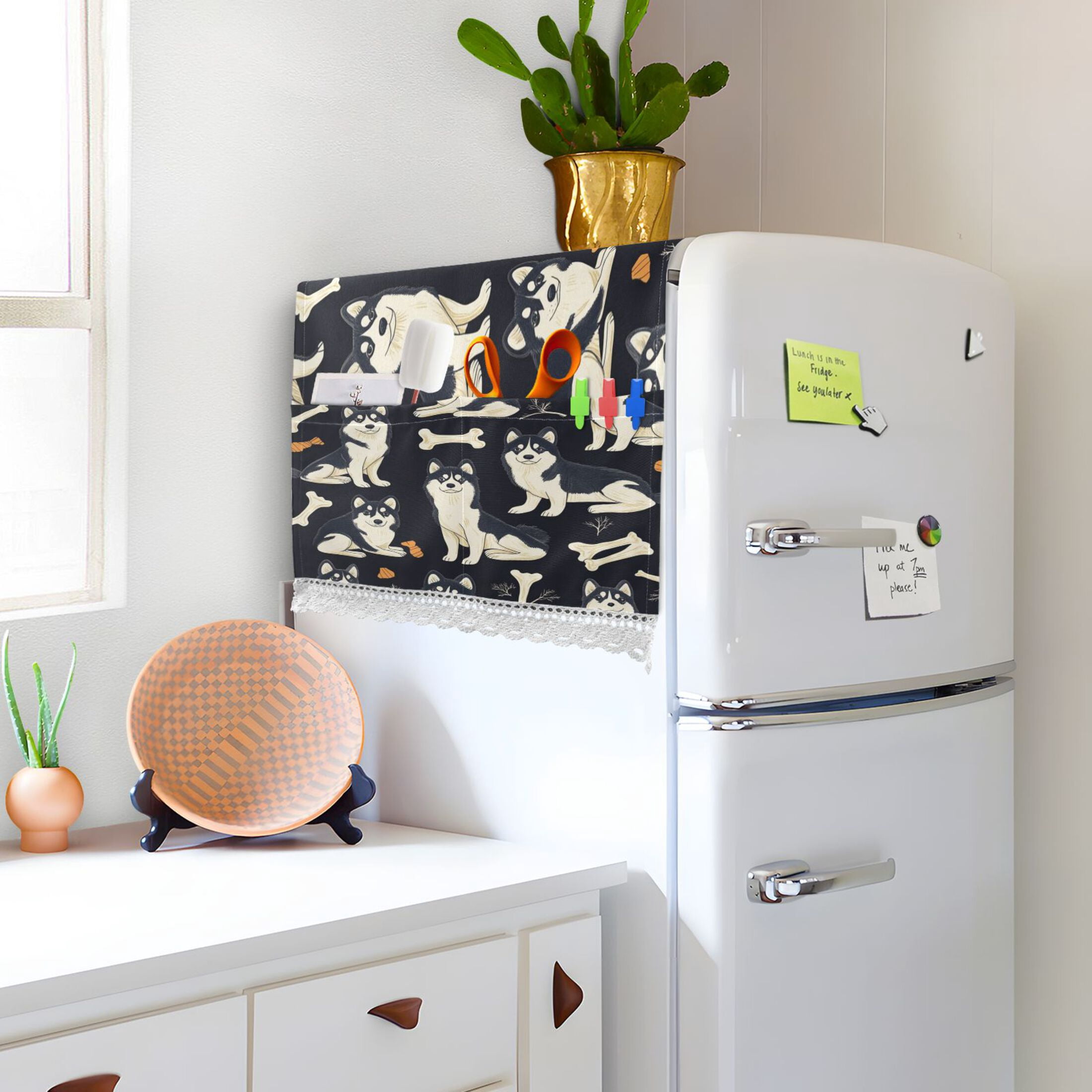 Lovely HuskyWasher and Dryer Covers Dust-Proof and Oil Resistant Fridge Cover with 4 Storage Pockets Washing Machine Top Cover for Laundry Kitchen Home 51.2 x 22 In