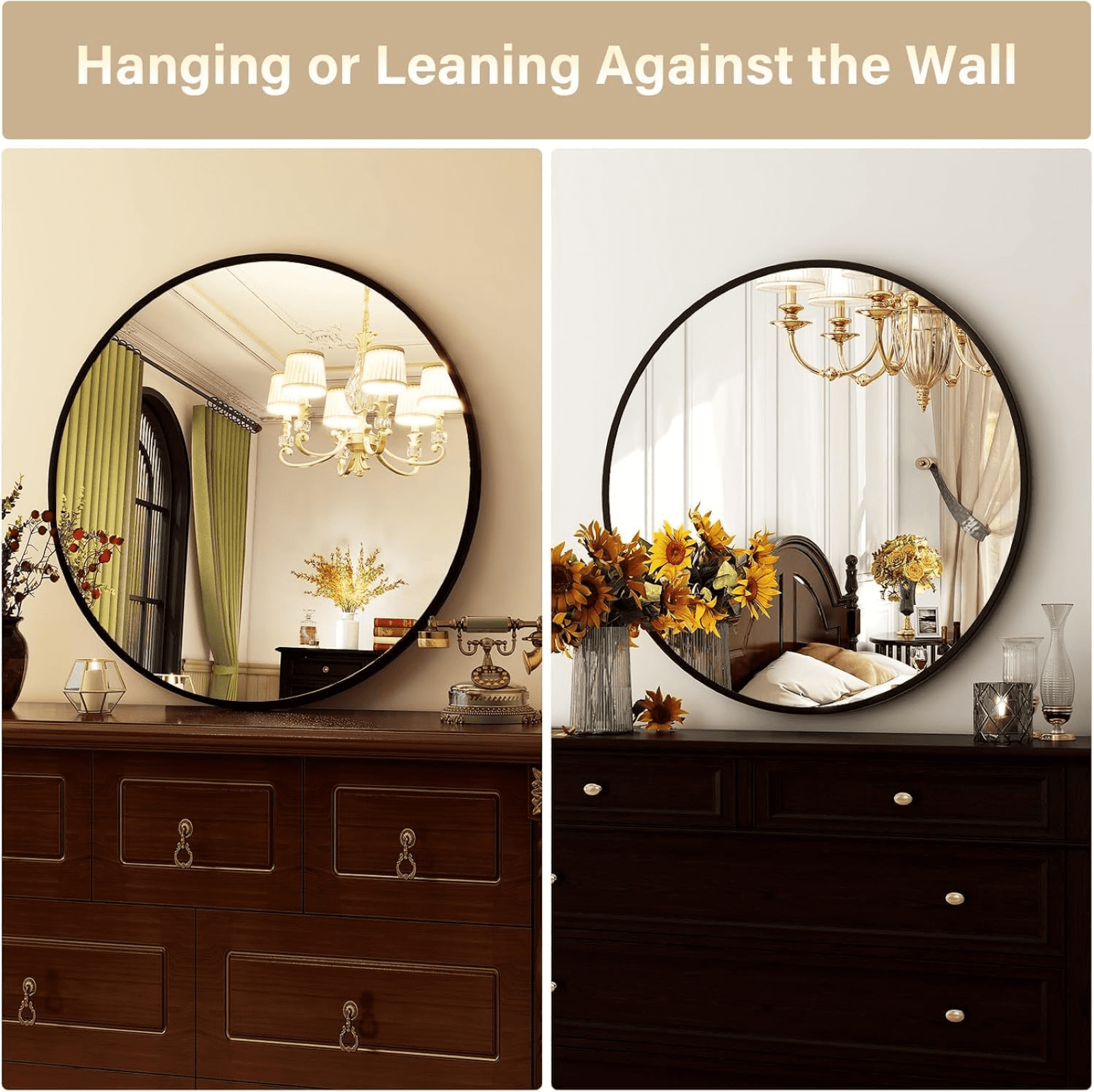 AUROMIR 30" Round Wall Mirror Bathroom Vanity Mirror Aluminum Alloy Frame,Black