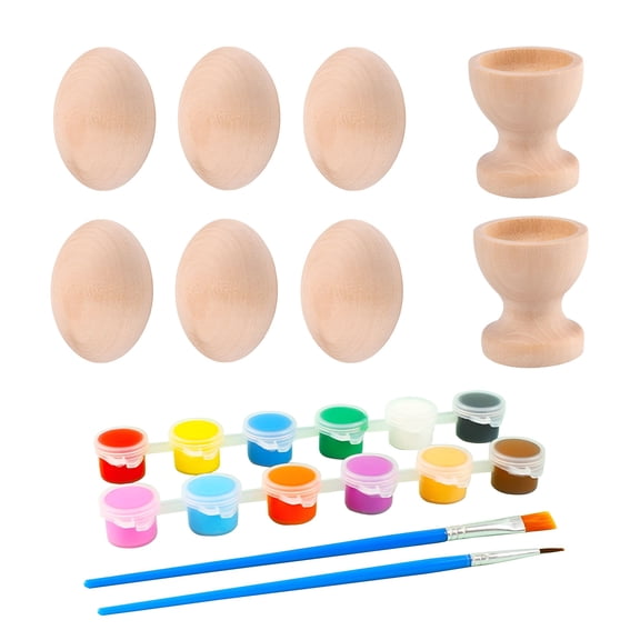 LAMIRO 6pcs Large Wooden Eggs for Crafts,2 Egg Tray,Wooden Easter Egg,Hand Painting Dyeing Carving Crafting Easter Decorations Matching Paint