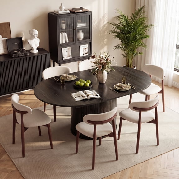 AFO 7 Pieces Extendable Dining Table Set for 6, 47"-63" Round to Oval Wood Kitchen Table with 6 Upholstered Chairs, Space-Saving Drop Leaf Kitchen Table for Small Spaces, Black