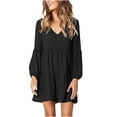 thumbnail image 2 of CFLVAEK Tiered Smocked Mini Dresses for Women Solid Color Long Sleeve Dress Casual V Neck Beach Dresses Black XXL, 2 of 6