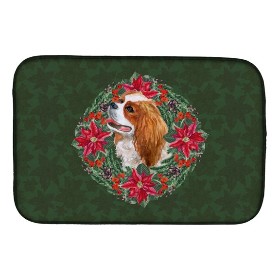 Cavalier Spaniel Poinsetta Wreath Dish Drying Mat