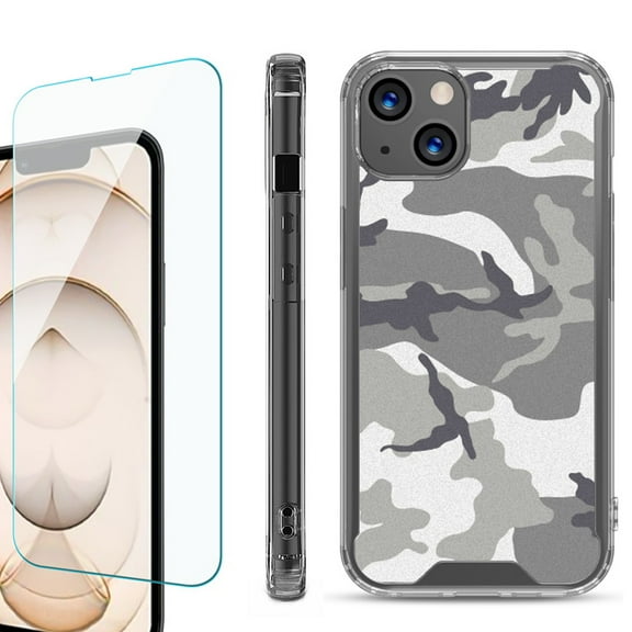Shockproof Bumper Phone Case for iPhone 13, with Tempered Glass Screen Protector, by OneToughShield ® - Urban Camo