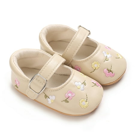 Awevudst Baby Girls Mary Jane Flats Flower Embroidered Princess Dress Shoes