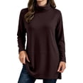thumbnail image 2 of Bzdzmqm Women Plus Size Long Sleeve Knitted Pullover Tops Casual Crew Neck Side Slit Sweater Fall Winter Loose Fit Solid Basic Tunic Blouses for Daily Wear, Coffee L, 2 of 7