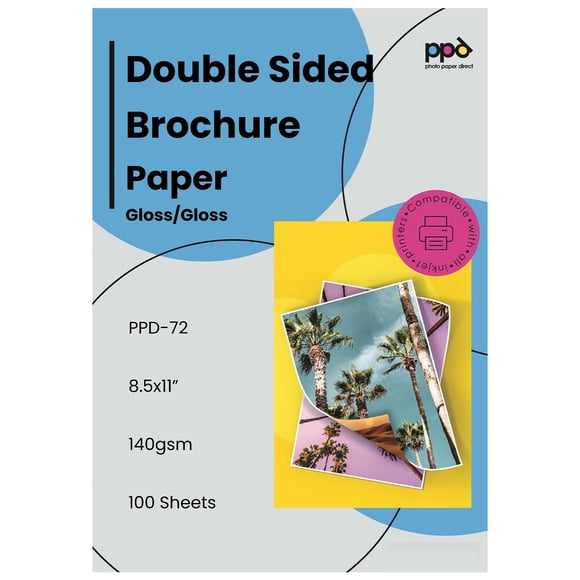 PPD-7 PPD 100 Feuilles Papier Brillant pour Brochures et Circulaires 8.5x11 37lbs 140gsm Qualité Professionnelle Double Face Séchage Instantané et Résistant à l'Eau (2-1
