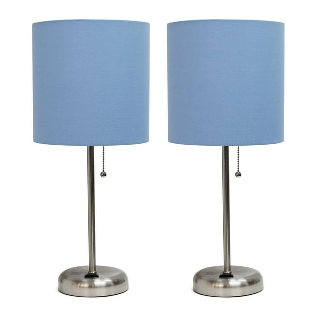 LimeLights Brushed Steel Stick Lamp with Charging Outlet and Fabric Shade 2 Pack Set