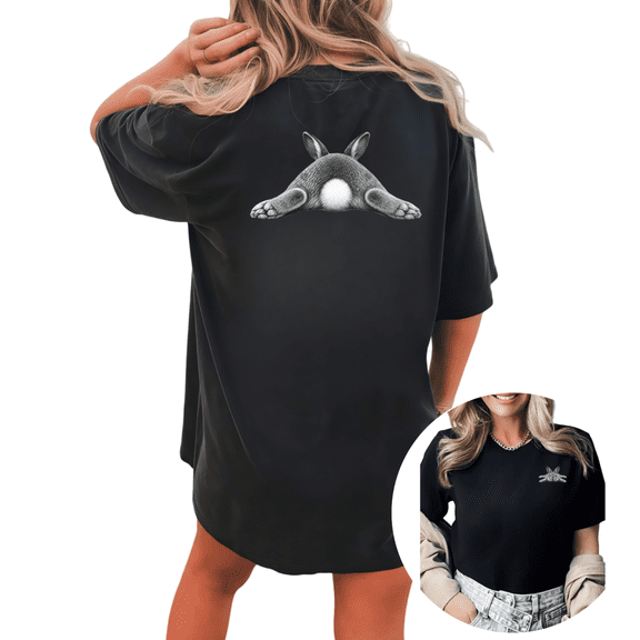 Women Cute Bunny Butt Front And Back Graphic fun Tees T Shirt Tops Round Neck Cotton T Shirt Black S-5XL