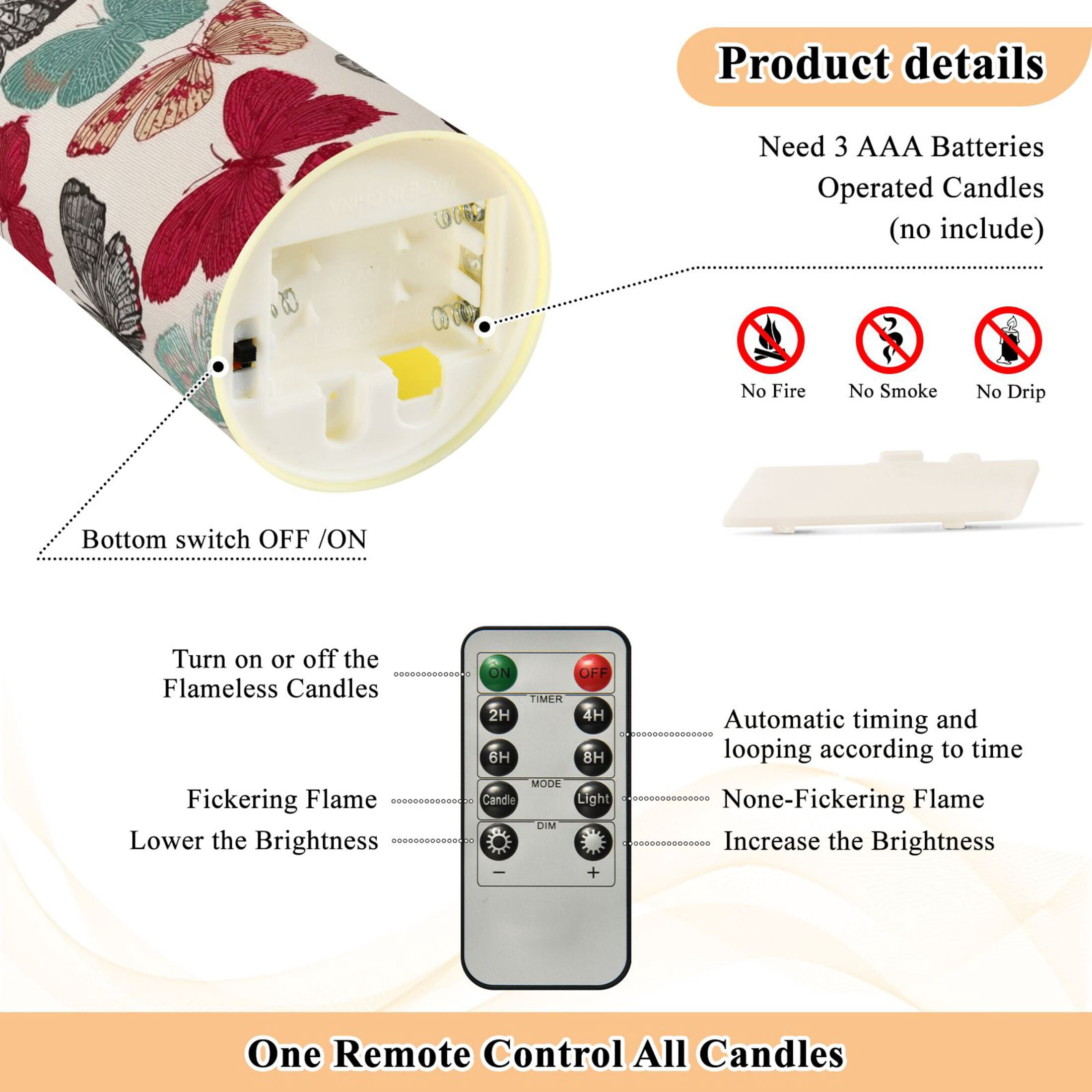 Iauyy Flameless Candles Battery Operated LED Pillar Candles with Remote and Timer, Butterfly Pattern-A Set of 2 （M)