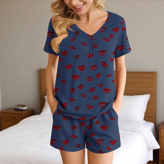 Goodtrade8 Pajama Sets for Women with Pocket Petite V-Neck Casual Sleepwear Printed Short Sleeve Pajamas for Women